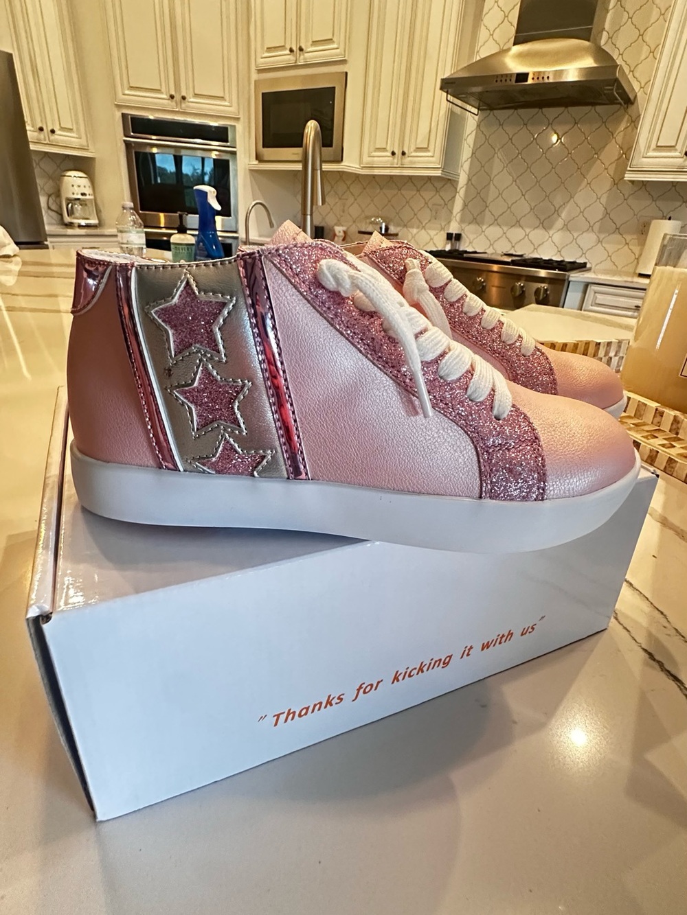 Kids Pink Glitter Star High-Top Sneakers